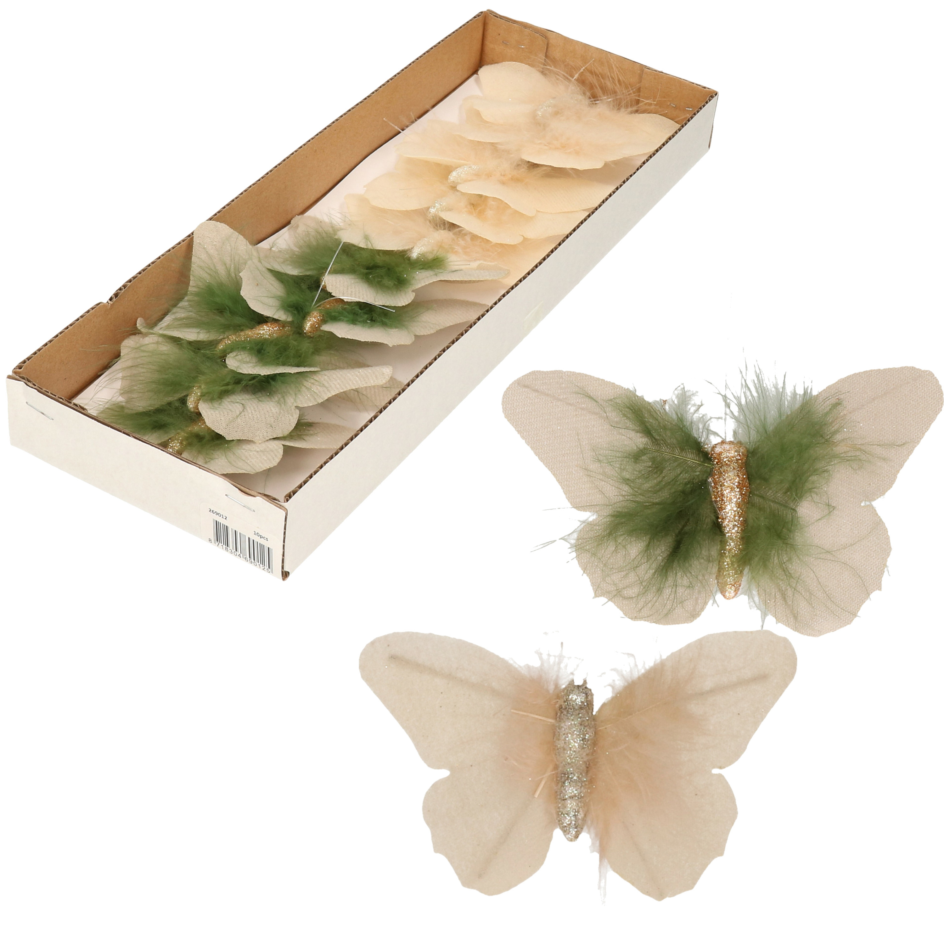 10x stuks decoratie vlinders op clip creme-beige 11 x 8 cm