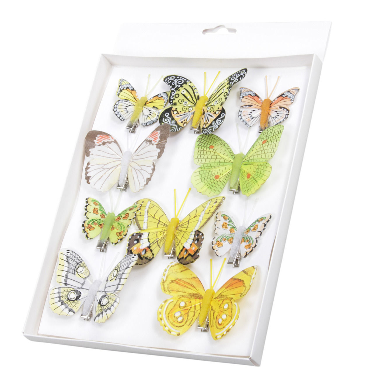 10x stuks decoratie vlinders op clip geel-groen 5 tot 8 cm