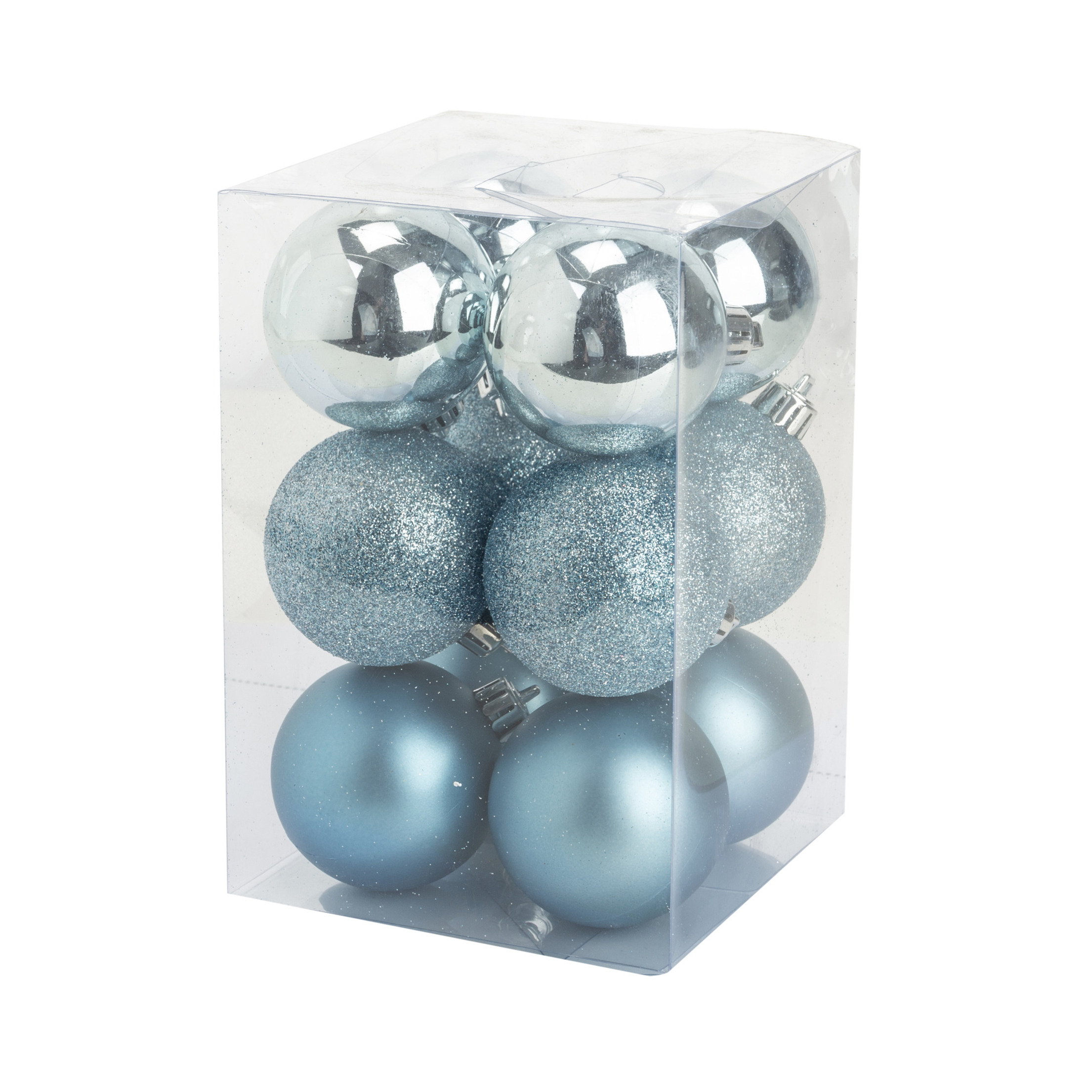 12x stuks kunststof kerstballen ijsblauw 6 cm mat-glans-glitter