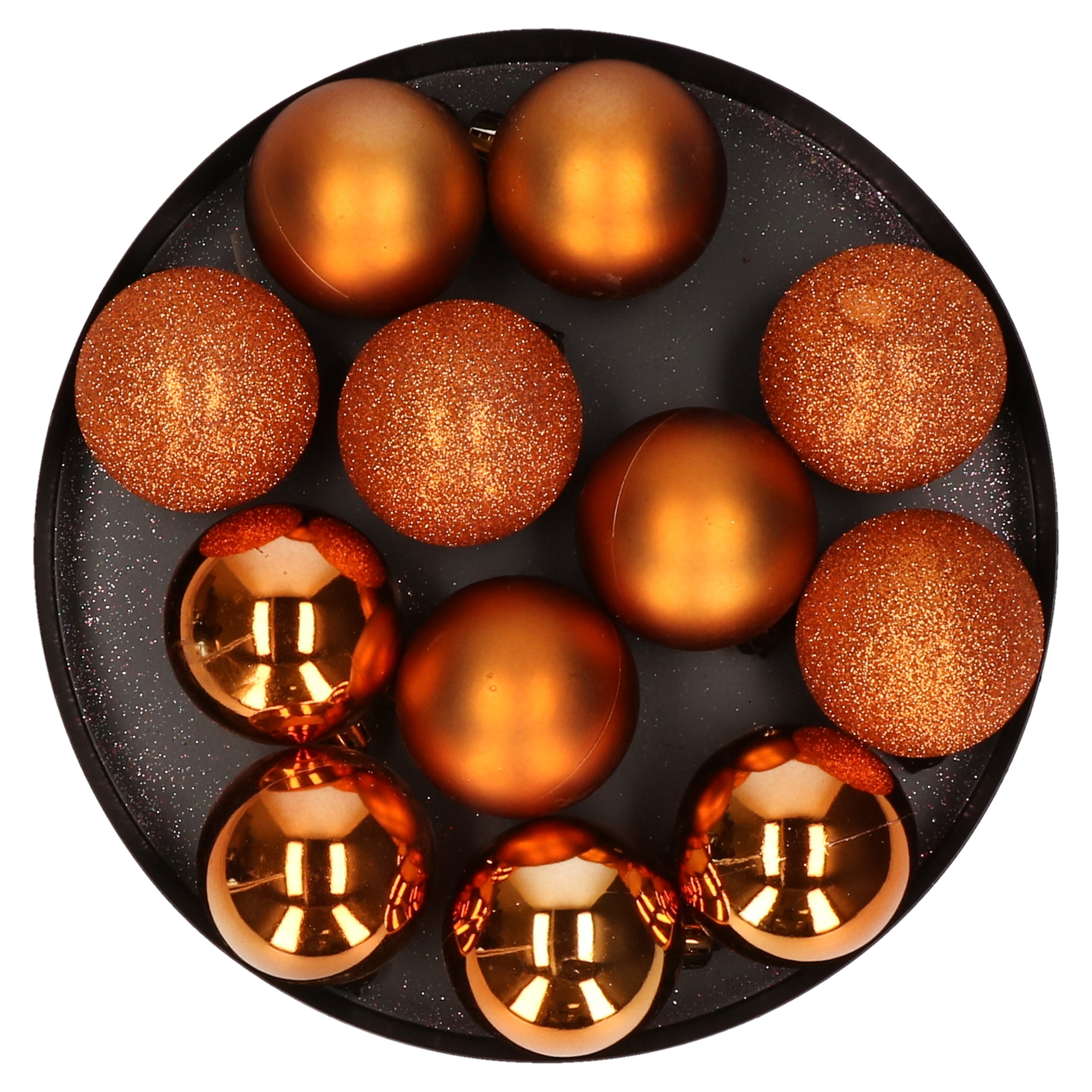 12x stuks kunststof kerstballen oranje 6 cm mat-glans-glitter