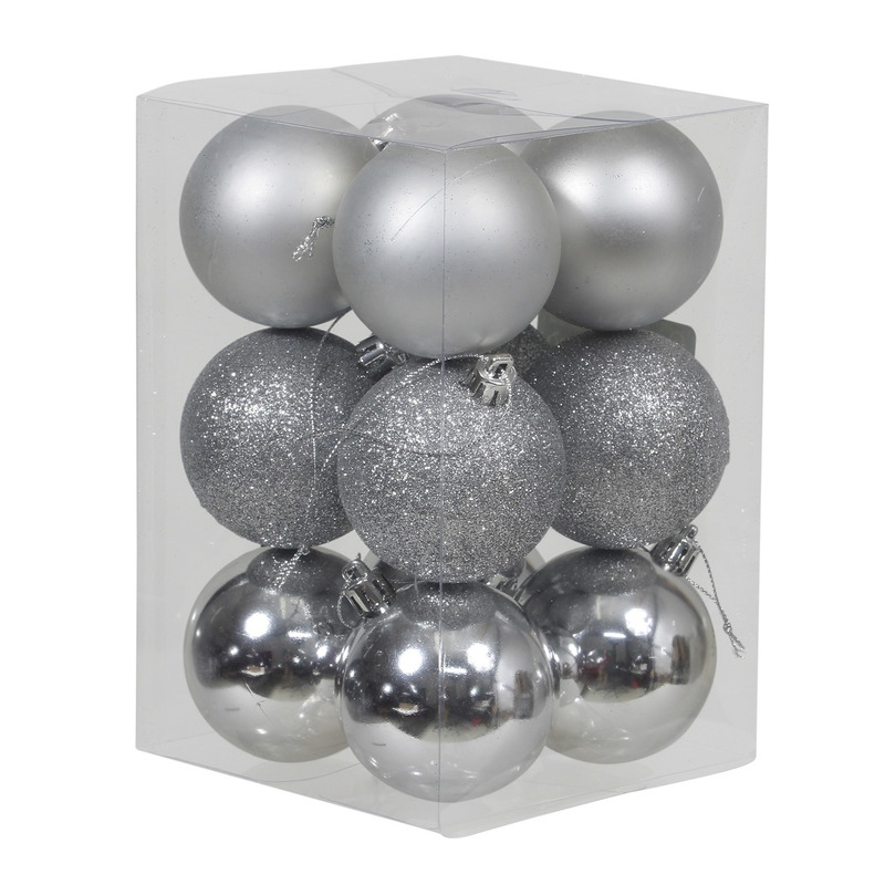 12x Zilveren kunststof kerstballen 6 cm glans-mat-glitter