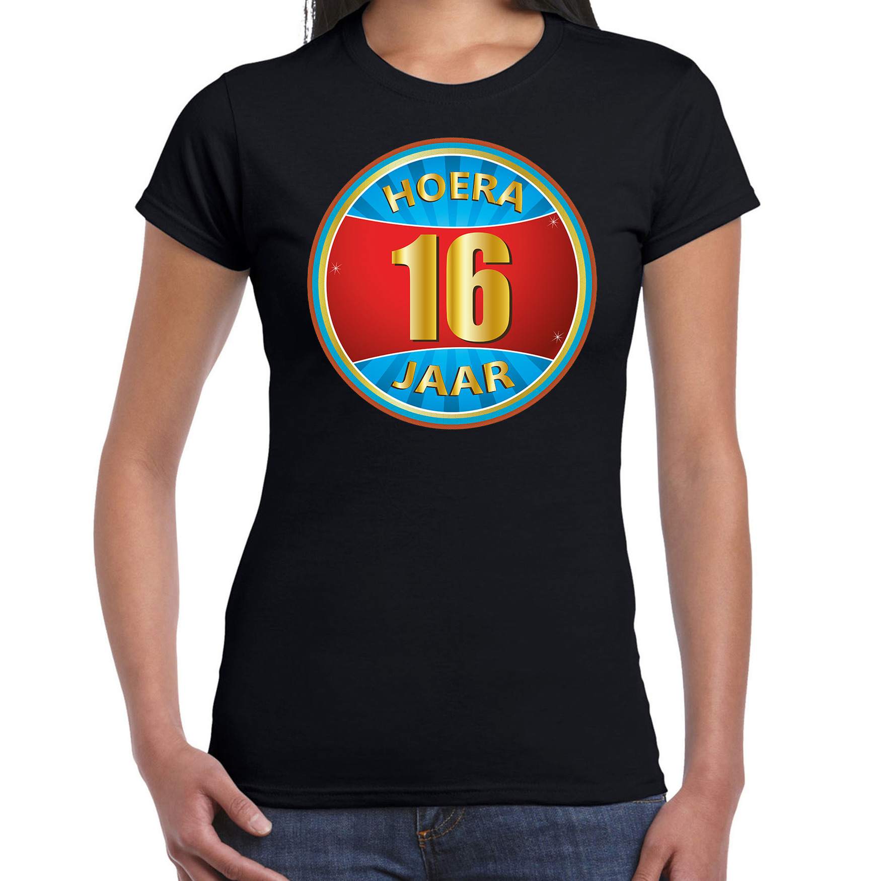 16e verjaardag cadeau t-shirt hoera 16 jaar zwart voor dames