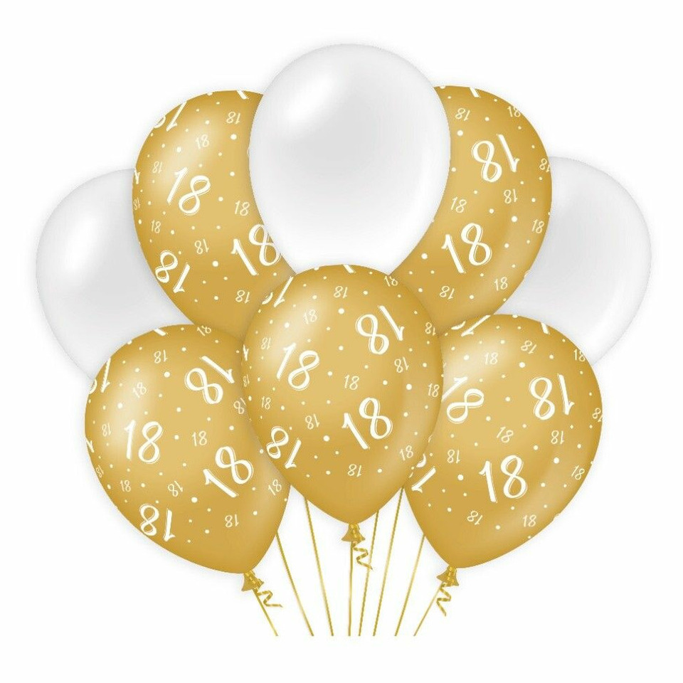 18 jaar leeftijd thema Ballonnen 8x goud-wit Verjaardag Versiering-feestartikelen