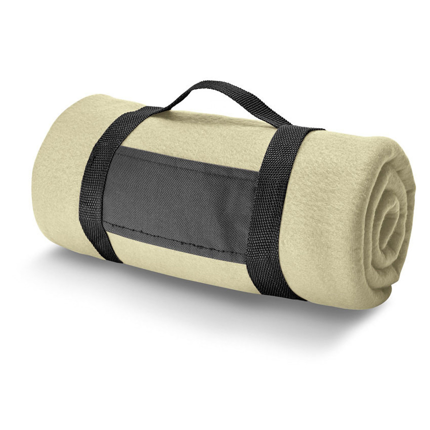1x Fleece dekens-plaids zandkleurig met afneembaar handvat 150 x 120 cm