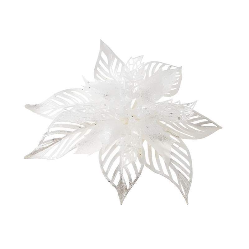1x Kerstboomversiering bloem op clip witte kerstster 23 cm