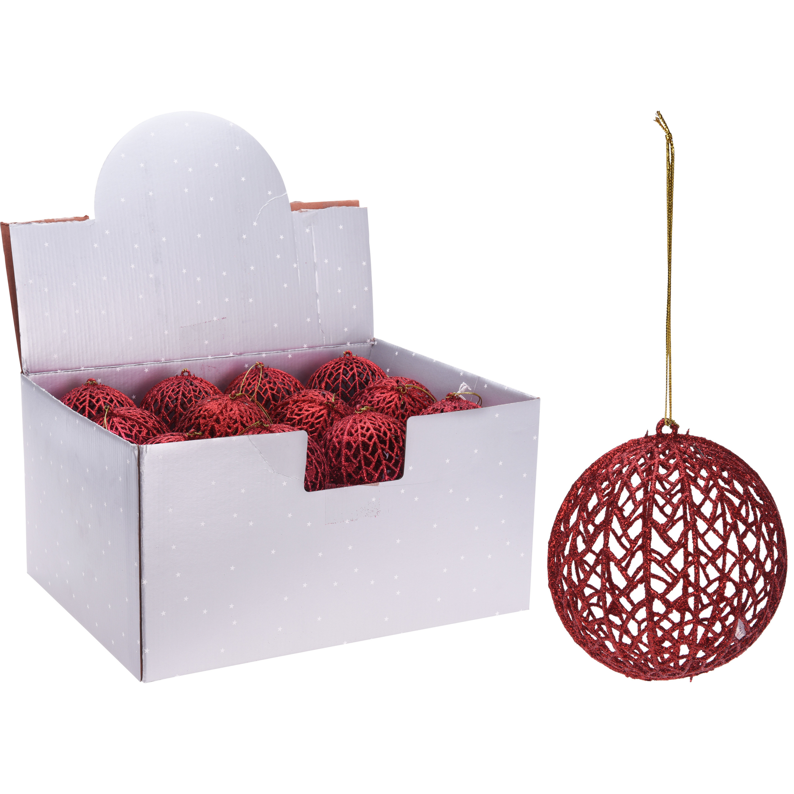 1x Rode glitter draad-rotan look kerstballen kunststof 9 cm