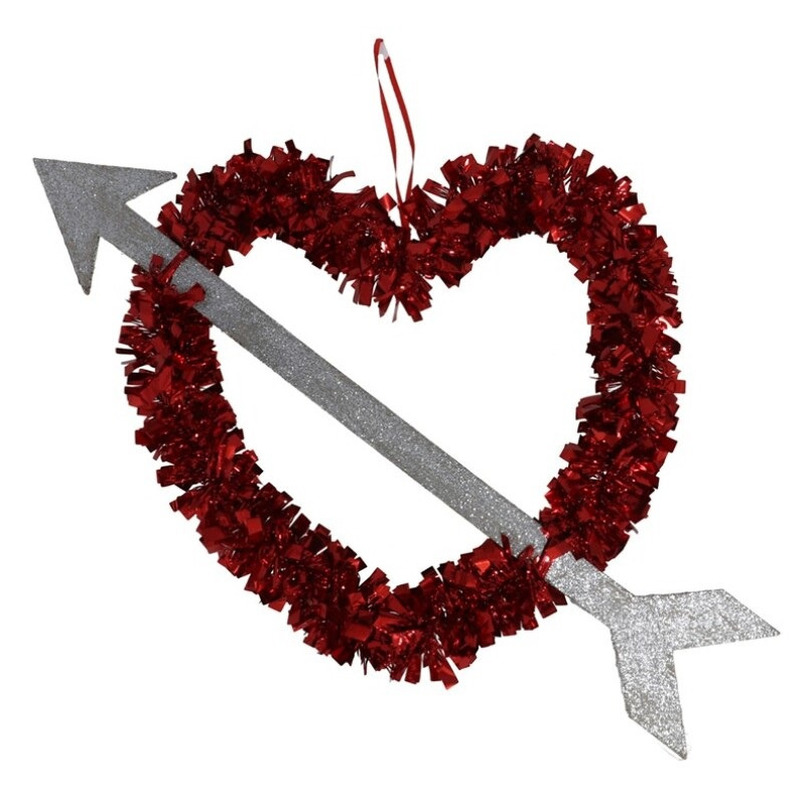 1x Rood Valentijn-bruiloft hangdecoratie hart met pijl 45 cm