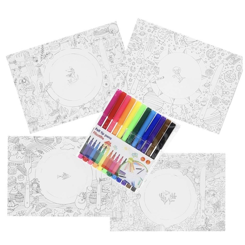 20x Knutsel papieren placemats om in te kleuren incl. 12 stiften