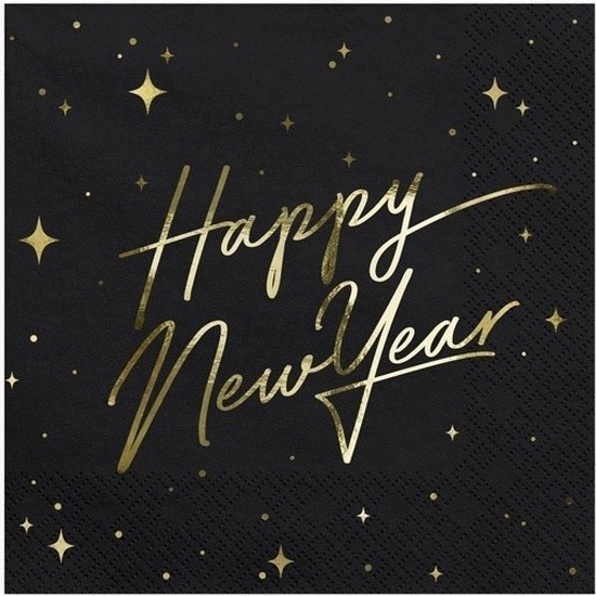 20x Nieuwjaar Happy New Year servetten zwart-goud 33 x 33 cm