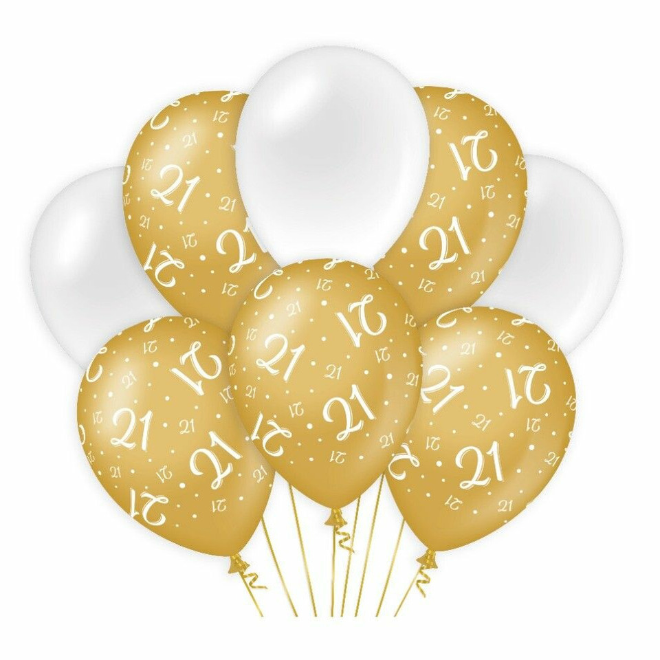21 jaar leeftijd thema Ballonnen 8x goud-wit Verjaardag Versiering-feestartikelen