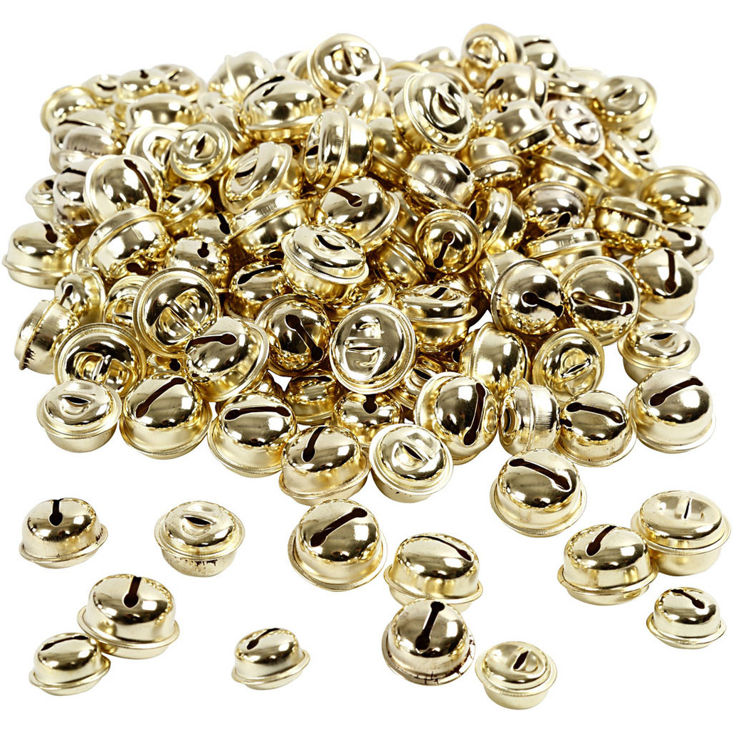 220x Gouden metalen belletjes 13-15-17 mm met oog hobby/knutsel benodigdheden