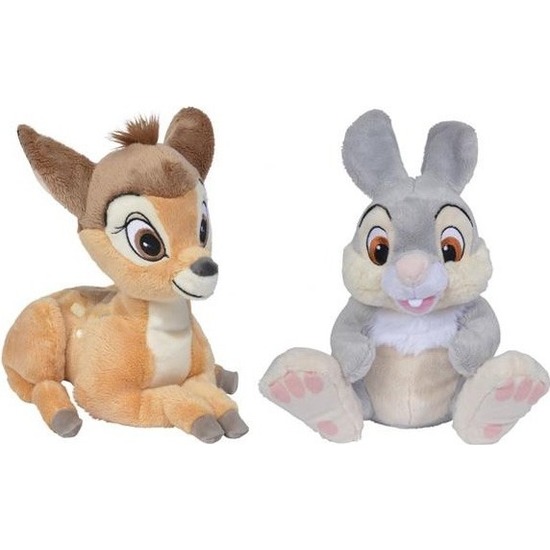 2x Herten/konijnen speelgoed artikelen Disney Bambi en Stampertje knuffelbeest bruin 18 cm