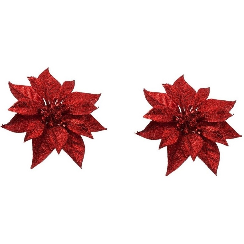 2x Kerstboomversiering bloem op clip rode kerstster 18 cm