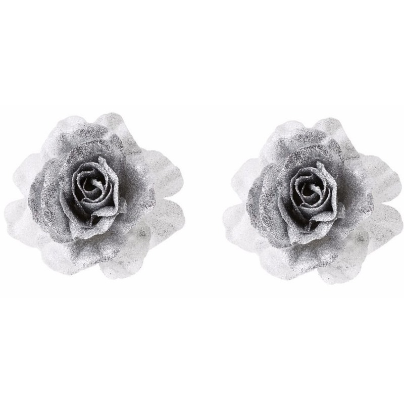 2x Kerstboomversiering bloem op clip zilver-wit kerstbloem 18 cm