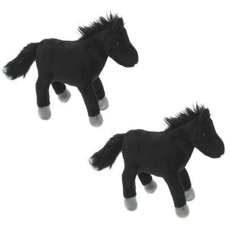 2x Pluche zwarte paarden knuffels 25 cm speelgoed