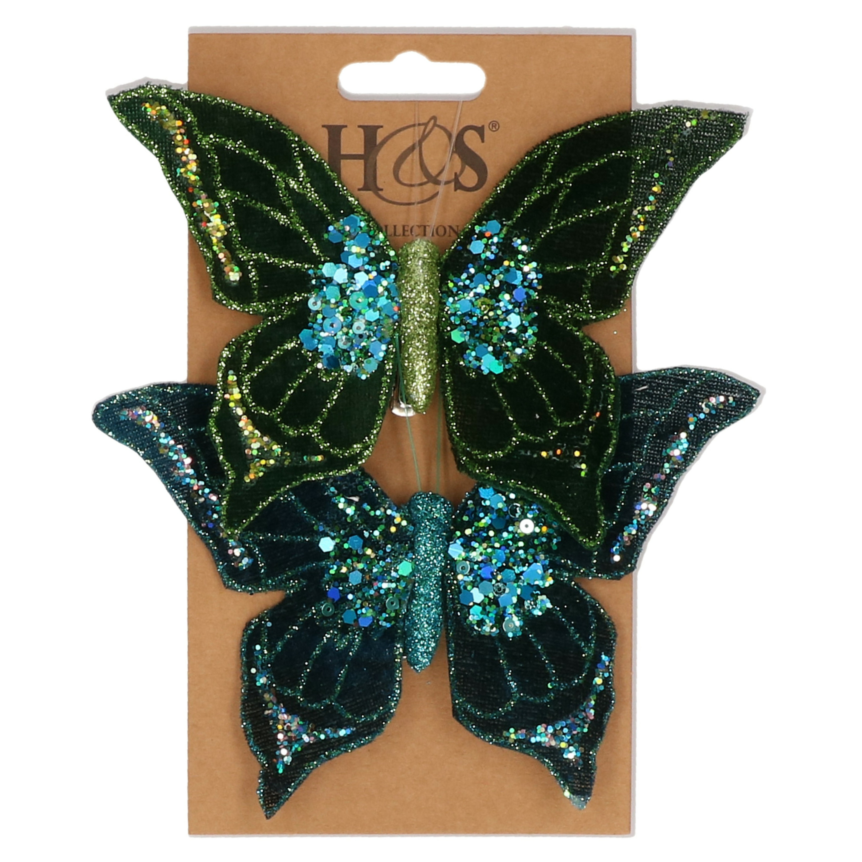 2x stuks kunststof decoratie vlinders op clip groen-blauw 10 x 15 cm