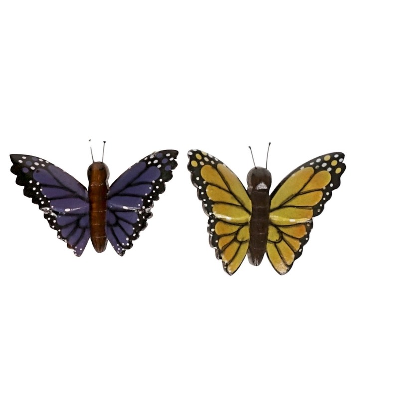 2x vlinder magneten geel en paars van hout