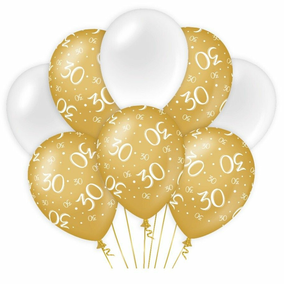 30 jaar leeftijd thema Ballonnen - 8x - goud/wit - Verjaardag - Versiering/feestartikelen