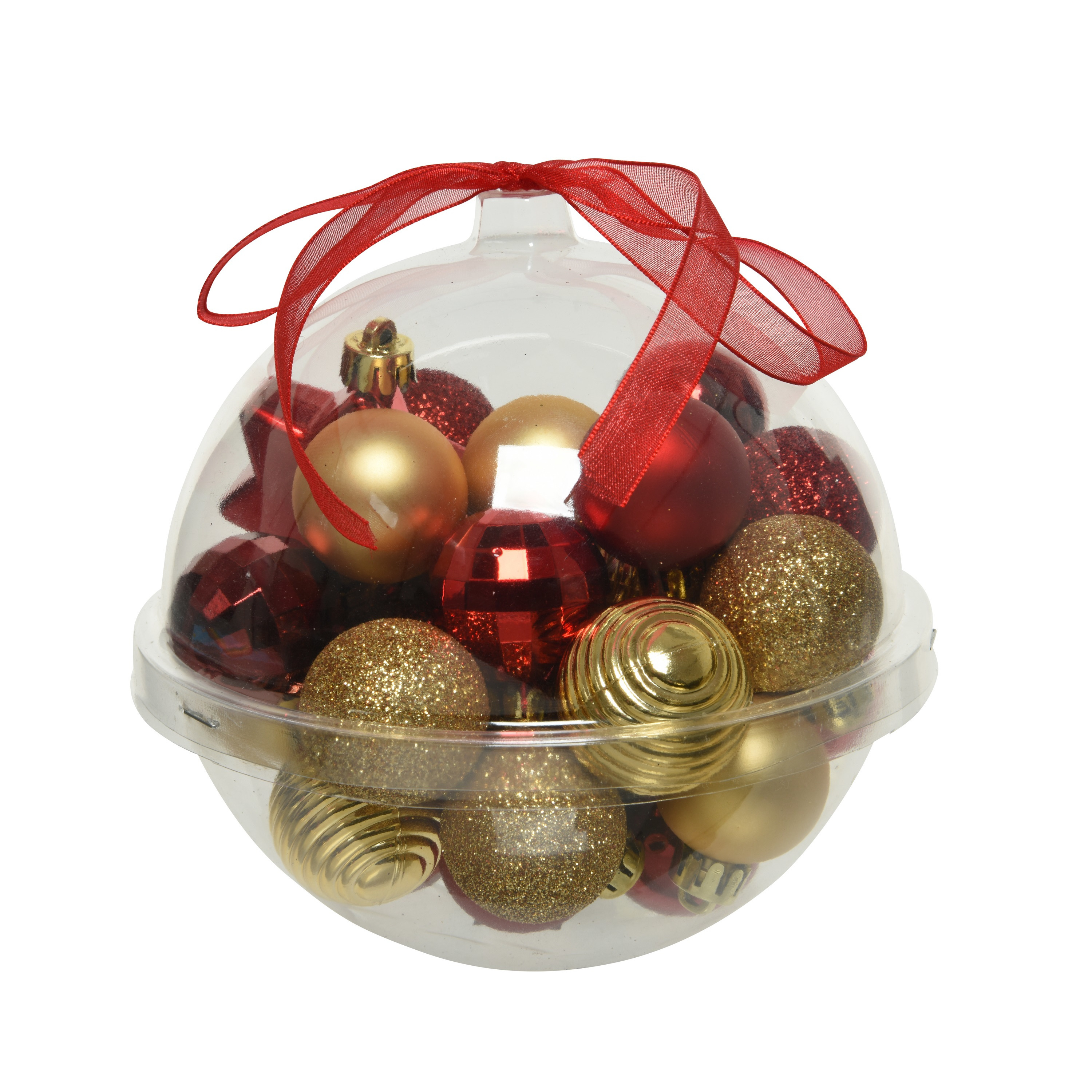 30x stuks kleine kunststof kerstballen rood-donkerrood-goud 3 cm
