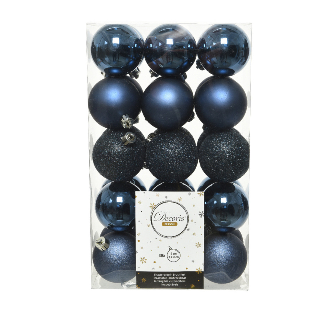 30x stuks kunststof kerstballen donkerblauw (night blue) 6 cm glans-mat-glitter