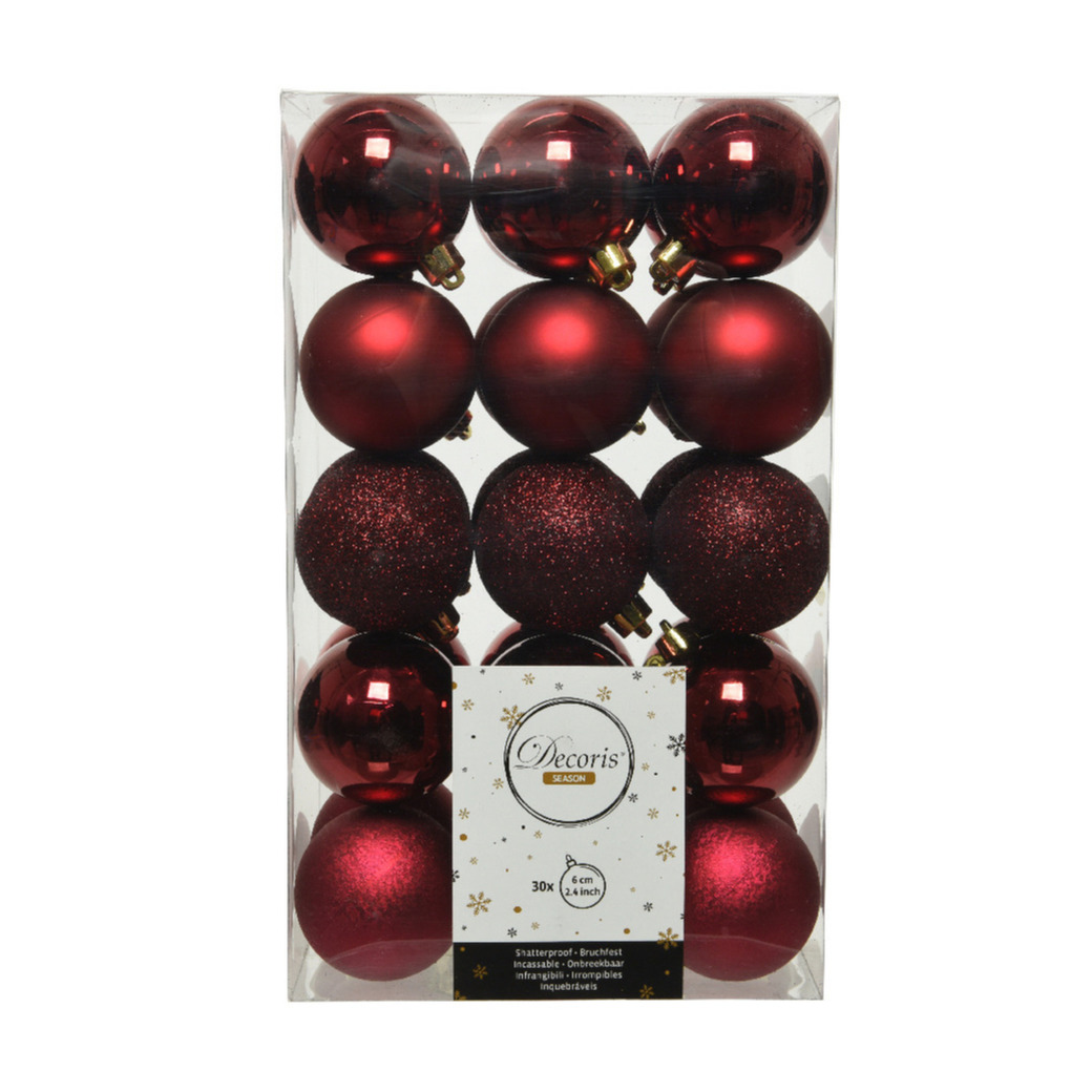 30x stuks kunststof kerstballen donkerrood (oxblood) 6 cm glans-mat-glitter