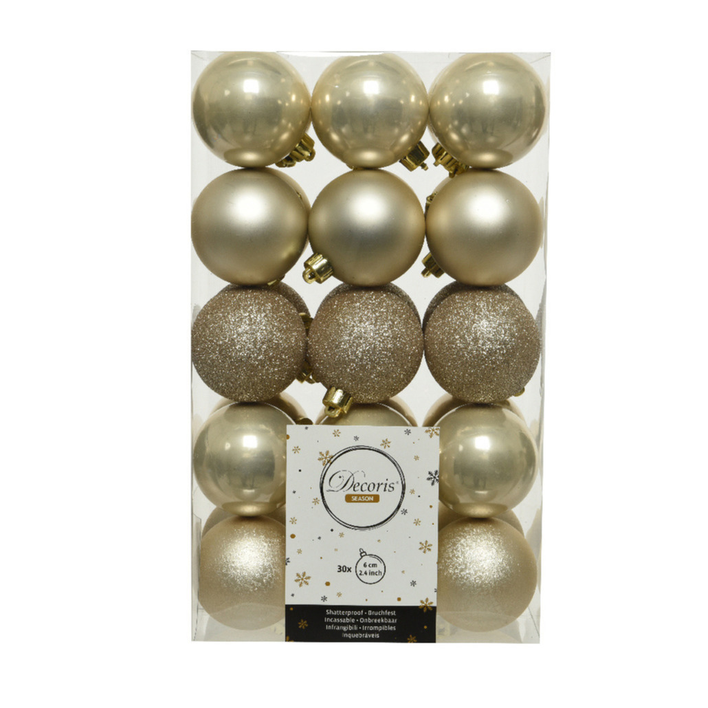 30x stuks kunststof kerstballen licht parel-champagne 6 cm glans-mat-glitter