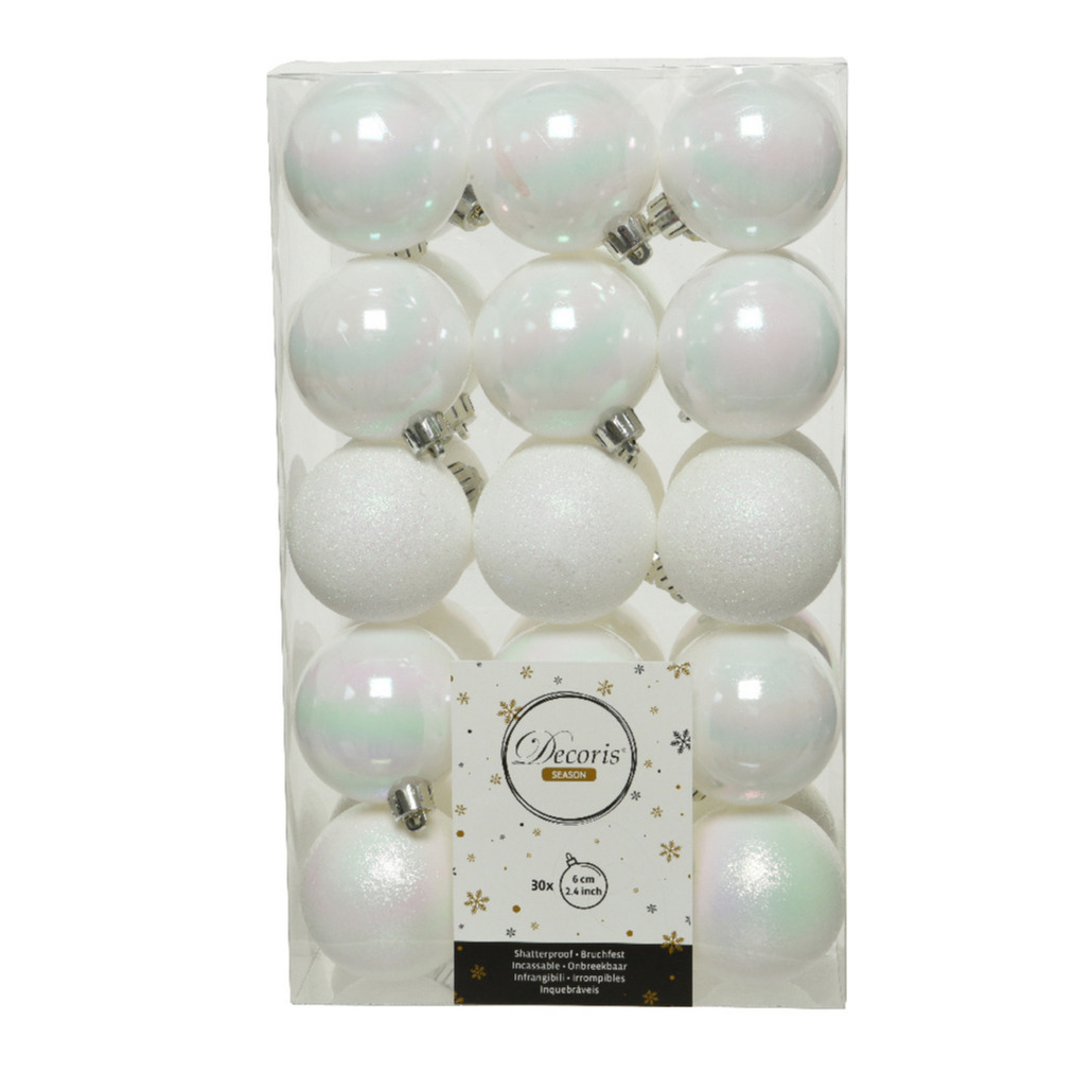 30x stuks kunststof kerstballen parelmoer wit (iris) 6 cm glans-mat-glitter