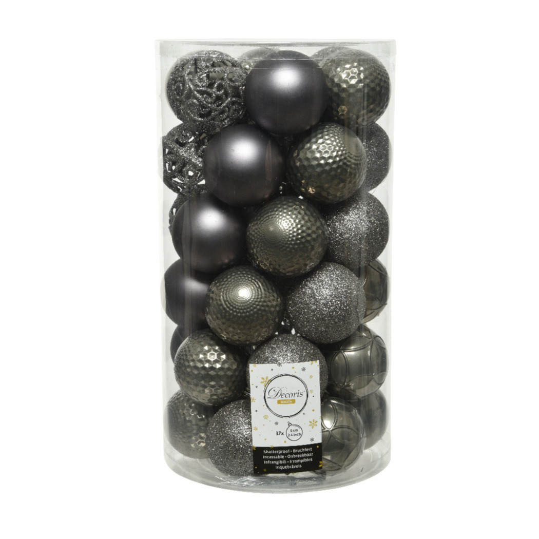 37x stuks kunststof kerstballen antraciet (warm grey) 6 cm mat-glans-glitter