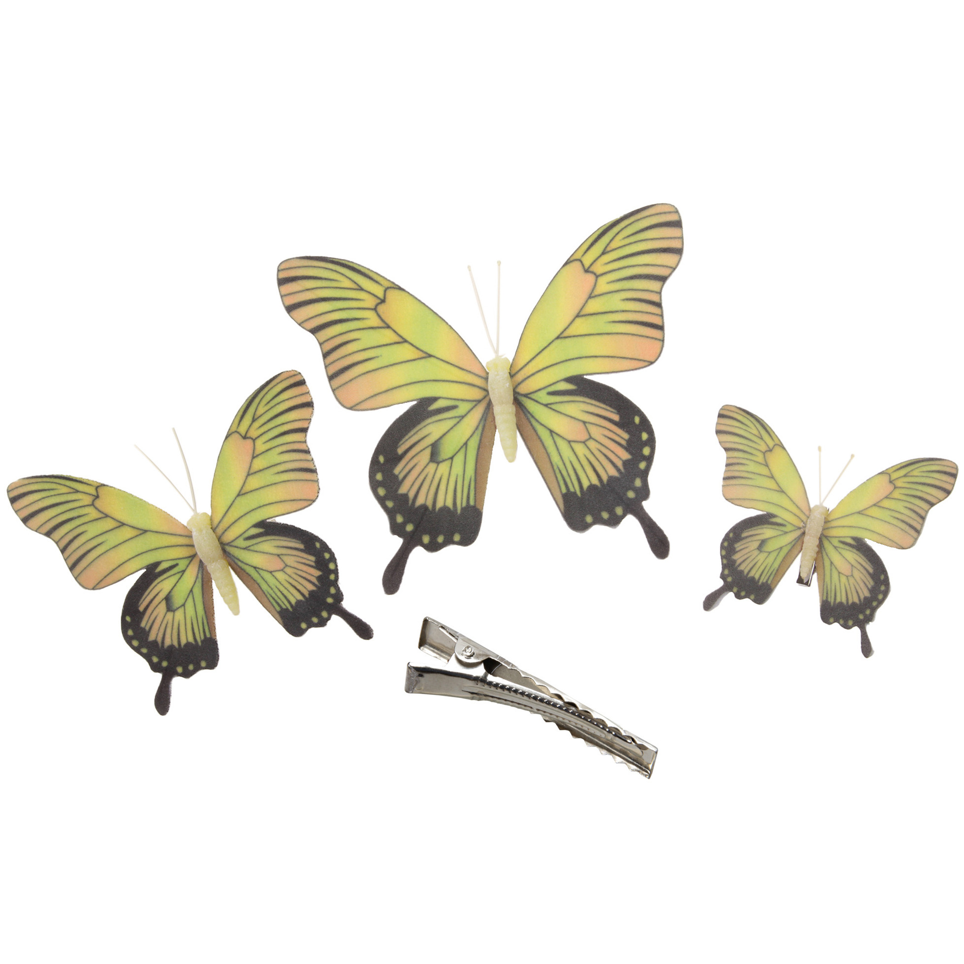 3x stuks decoratie vlinders op clip geel 3 formaten 12-16-20 cm