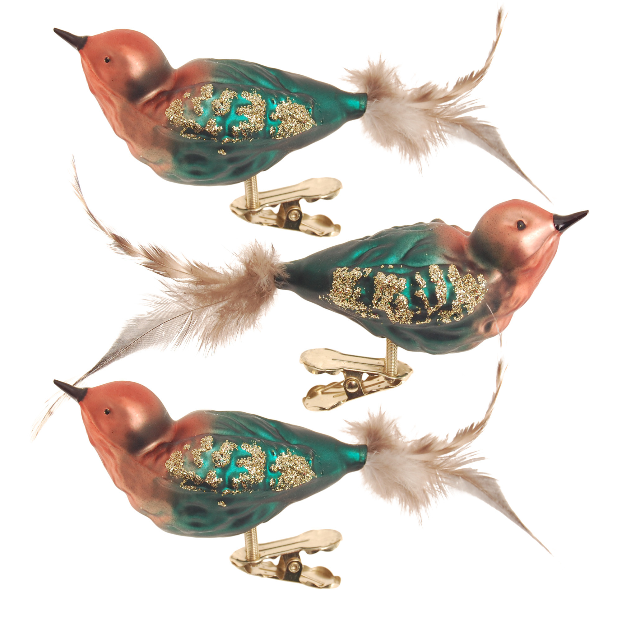 3x stuks luxe glazen decoratie vogels op clip groen-bruin 11 cm