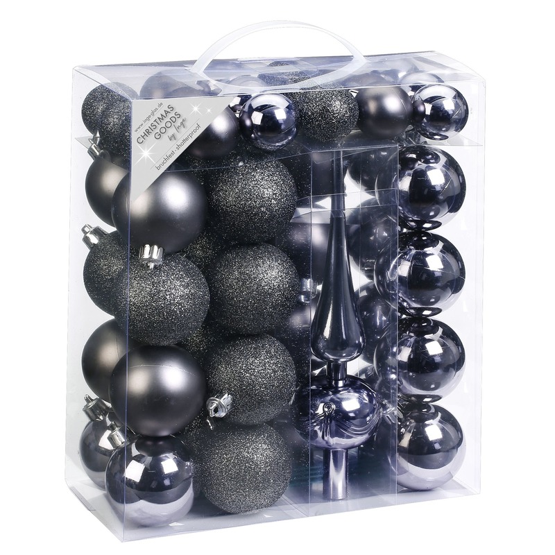 47x Antraciet-grijs tinten kunststof kerstballen 4-6 cm met piek