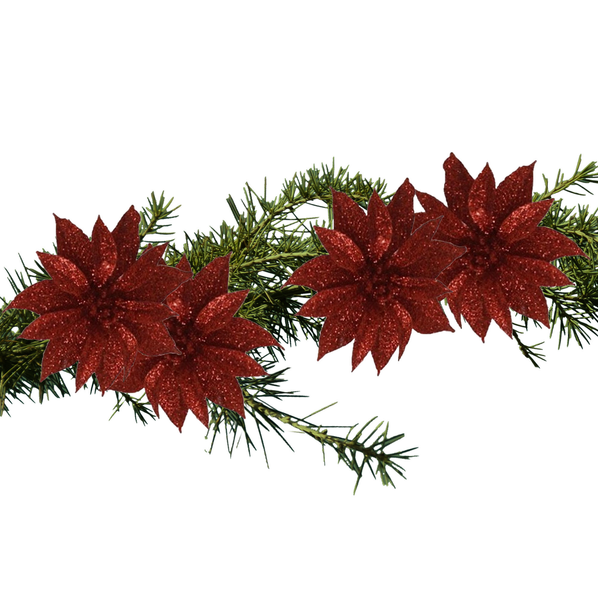 4x stuks glitter decoratie bloemen op clip rood 9.5 cm