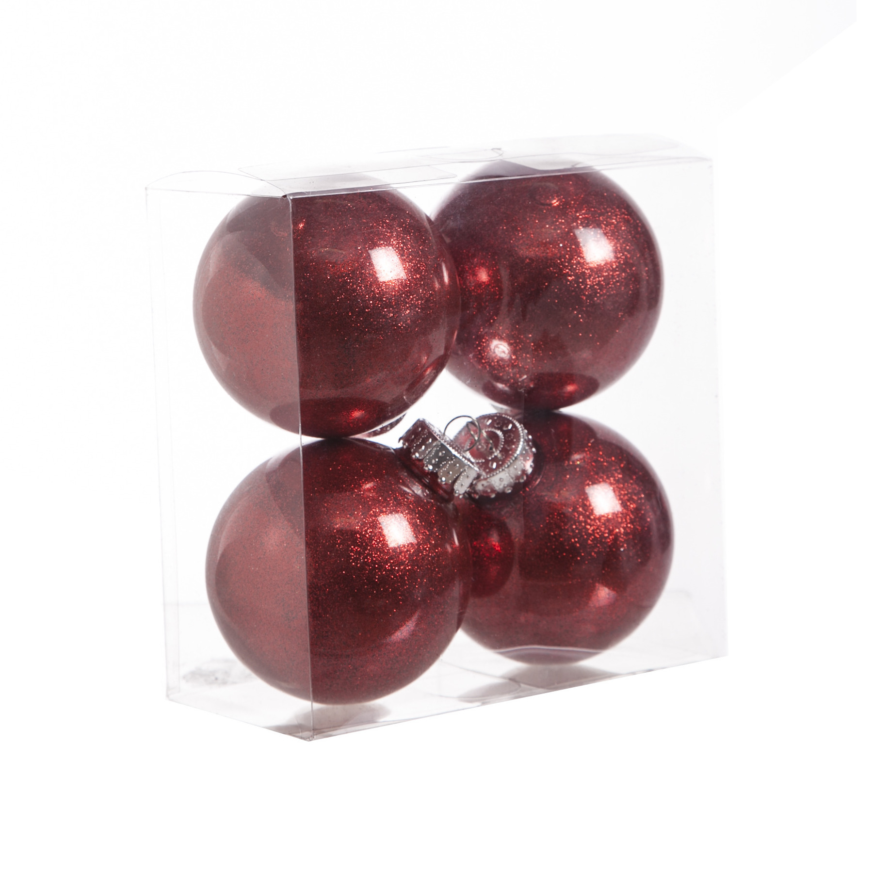 4x stuks kunststof kerstballen met glitter afwerking rood 8 cm
