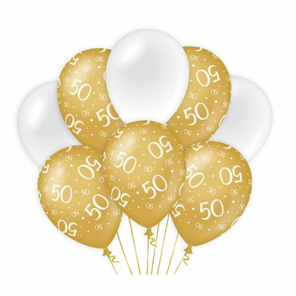 50 jaar leeftijd thema Ballonnen - 8x - goud/wit - Verjaardag - Versiering/feestartikelen