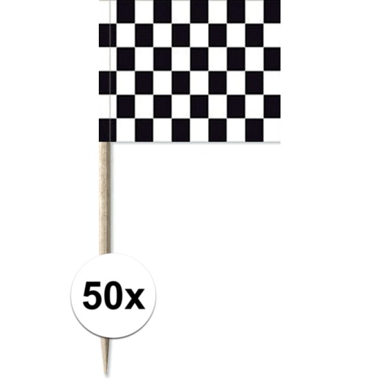 50x Cocktailprikkers race-finish vlag 8 cm vlaggetjes decoratie