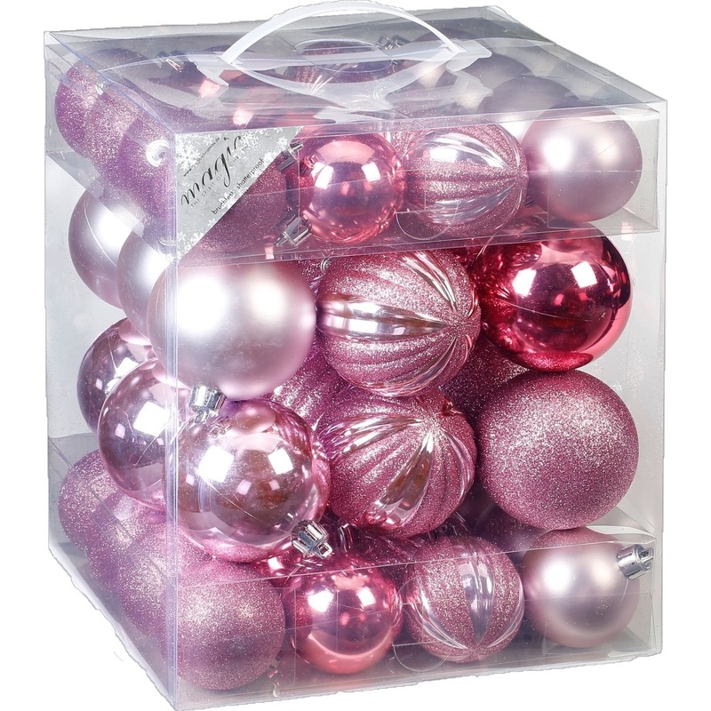 50x Mix roze kunststof kerstballen 6 cm mat-glans