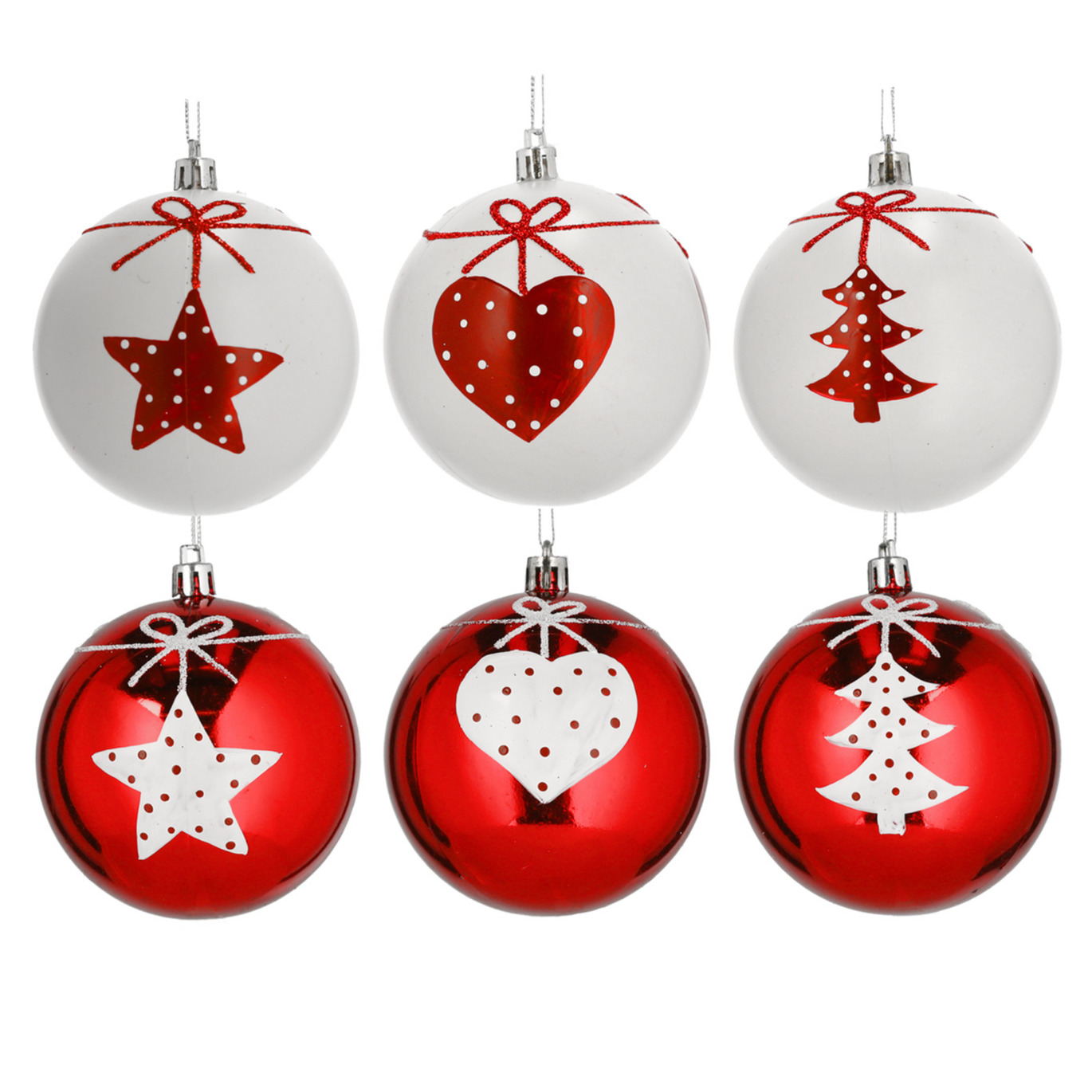 6x stuks gedecoreerde kerstballen rood en wit kunststof 6 cm