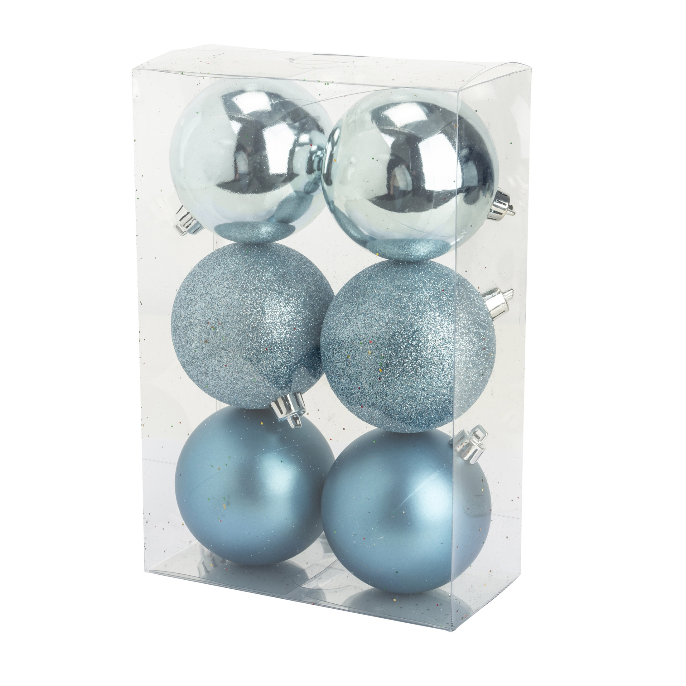 6x stuks kunststof kerstballen ijsblauw 8 cm mat-glans-glitter