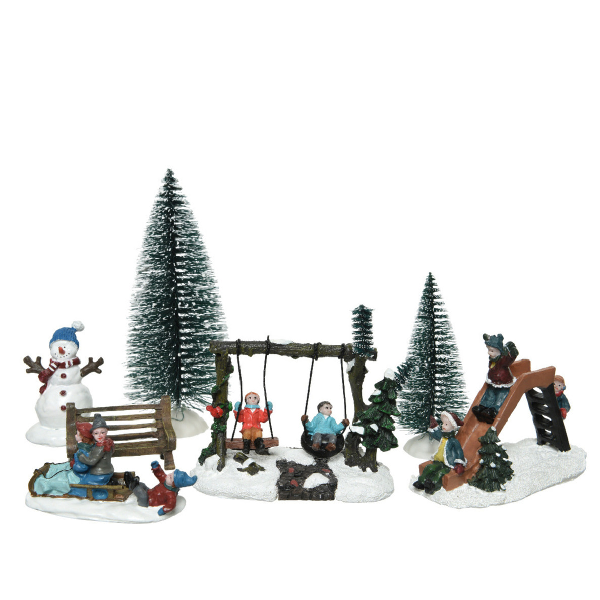 7x stuks kerstdorp accessoires figuurtjes/poppetjes en kerstboompje