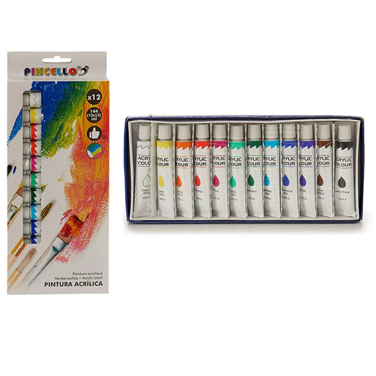 Acryl hobby/knutselen verf tubes 12 kleuren in tubes van 12 ml
