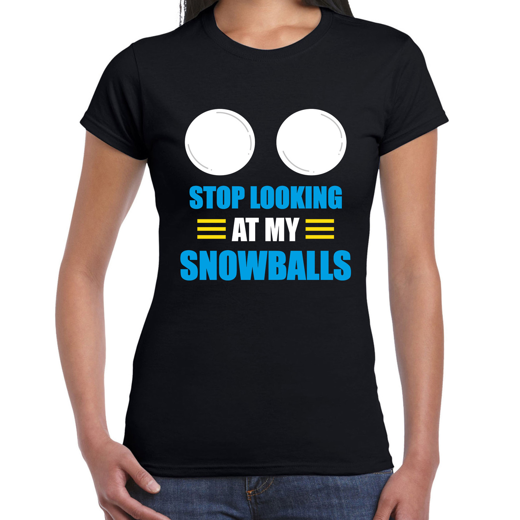 Apres ski t-shirt Stop looking at my snowballs zwart dames Wintersport shirt Foute apres ski ou