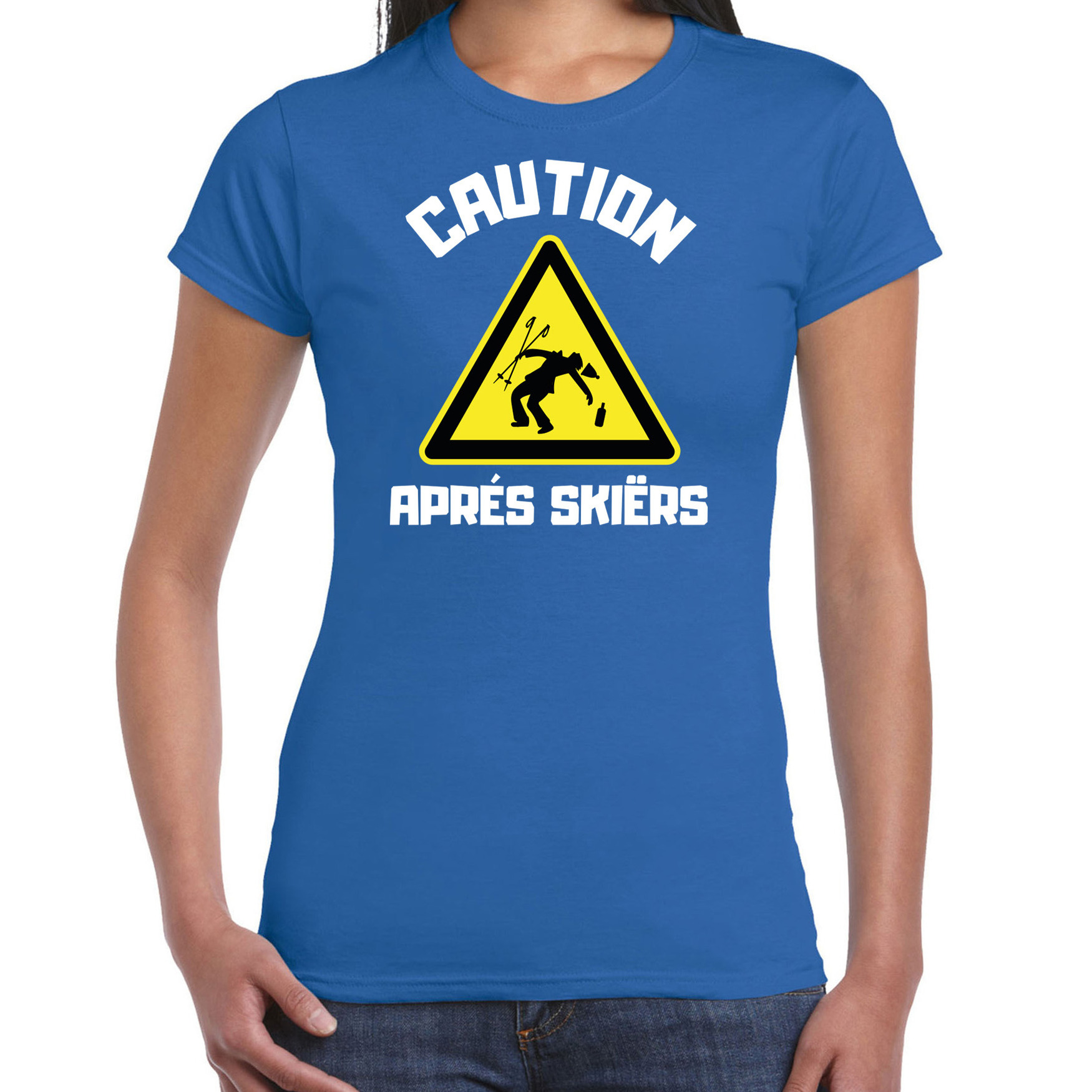 Apres ski t-shirt voor dames apres ski waarschuwing blauw winter outfit