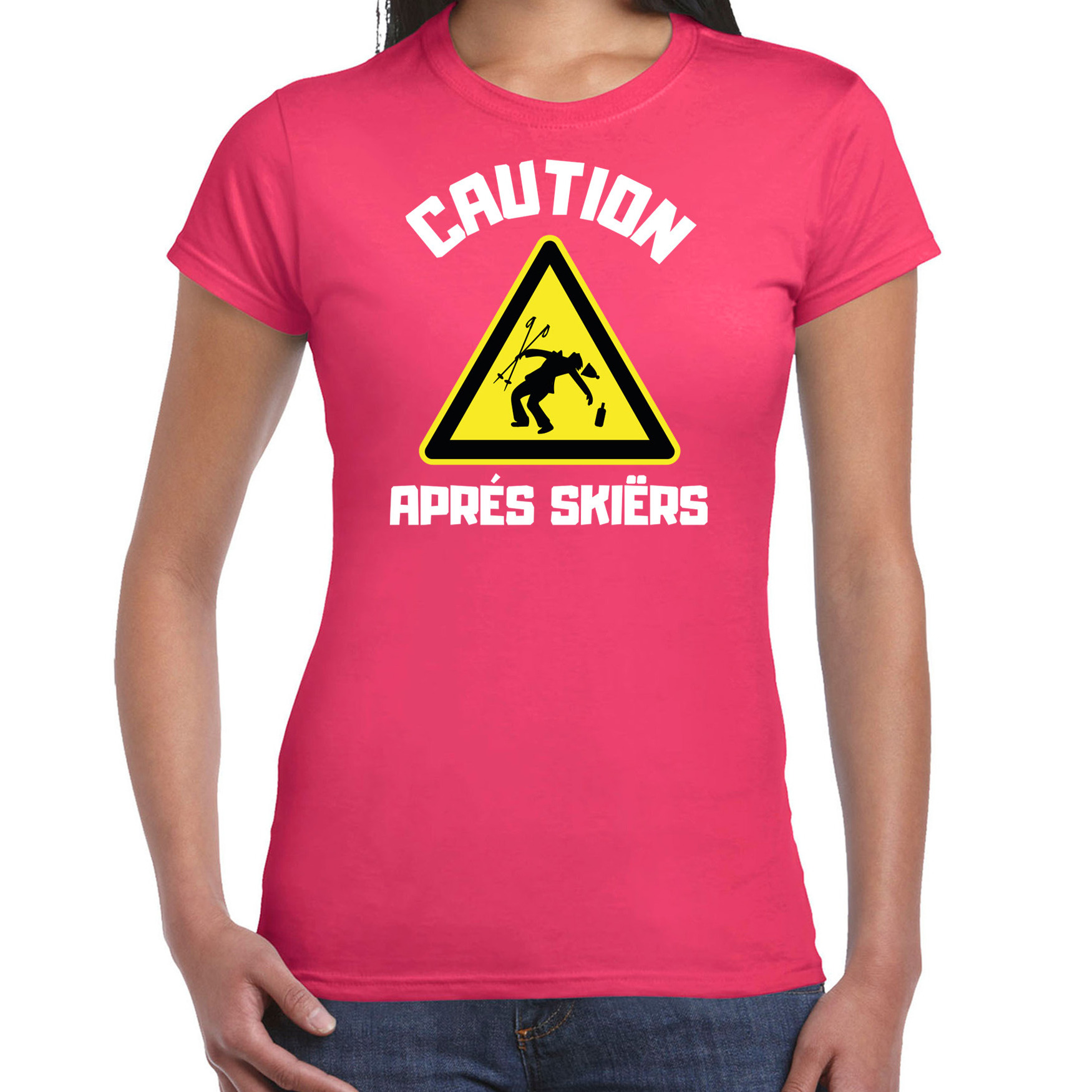 Apres ski t-shirt voor dames apres ski waarschuwing roze winter outfit