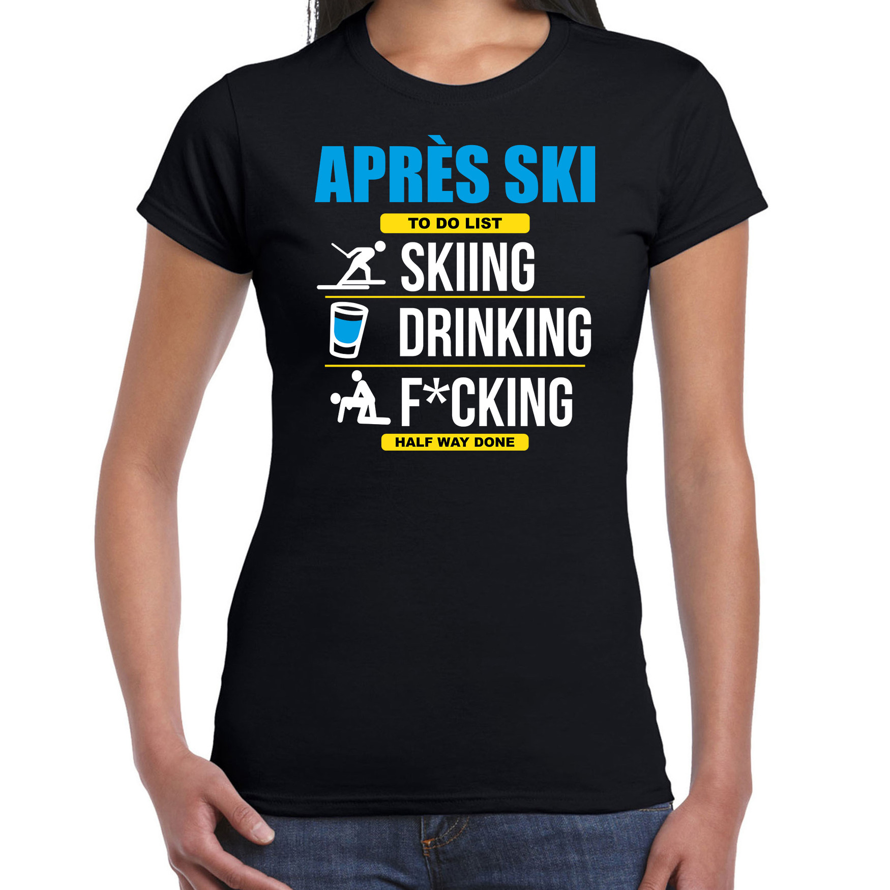 Apres ski t-shirt winterport to do list zwart dames Wintersport shirt Foute apres ski outfit