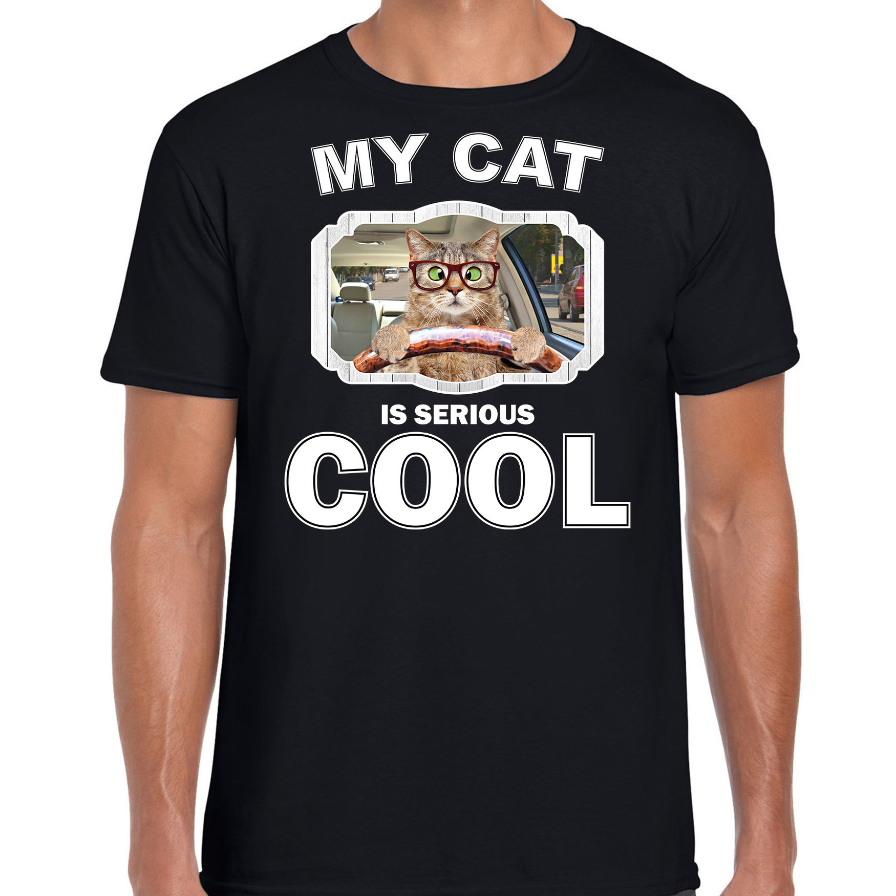 Auto rijdende kat katten - poezen t-shirt my cat is serious cool zwart voor heren