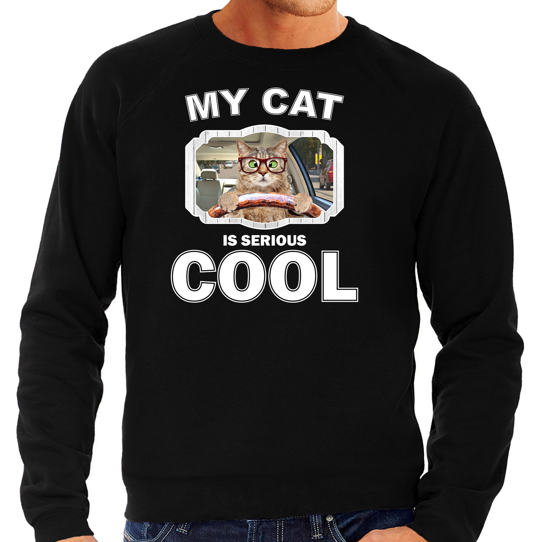 Auto rijdende kat katten sweater - trui my cat is serious cool zwart voor heren