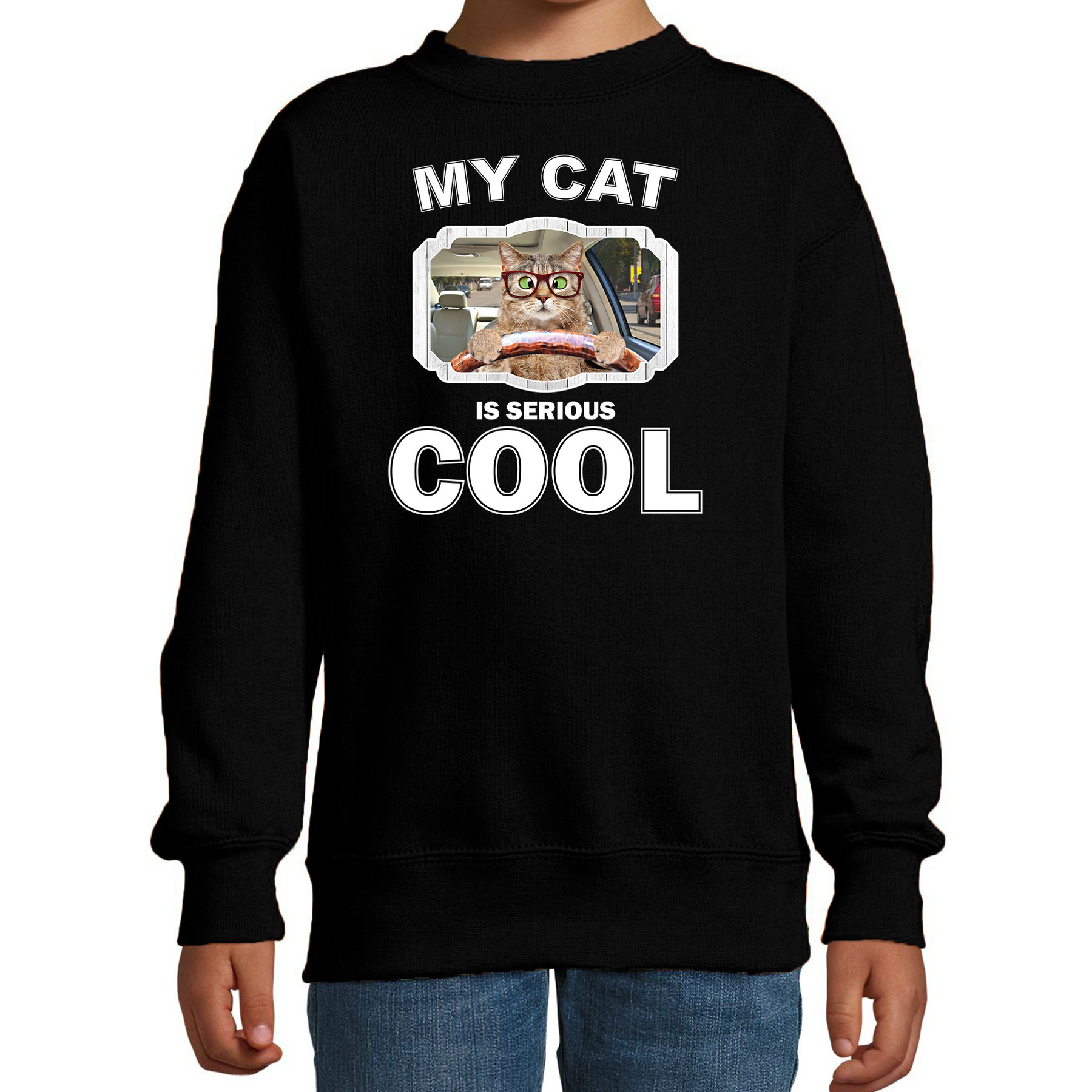Auto rijdende katten - poezen trui - sweater my cat is serious cool zwart voor kinderen