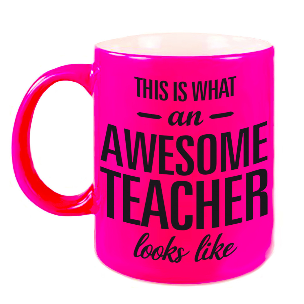 Awesome teacher cadeau neon roze mok-beker voor juf-meester 330 ml