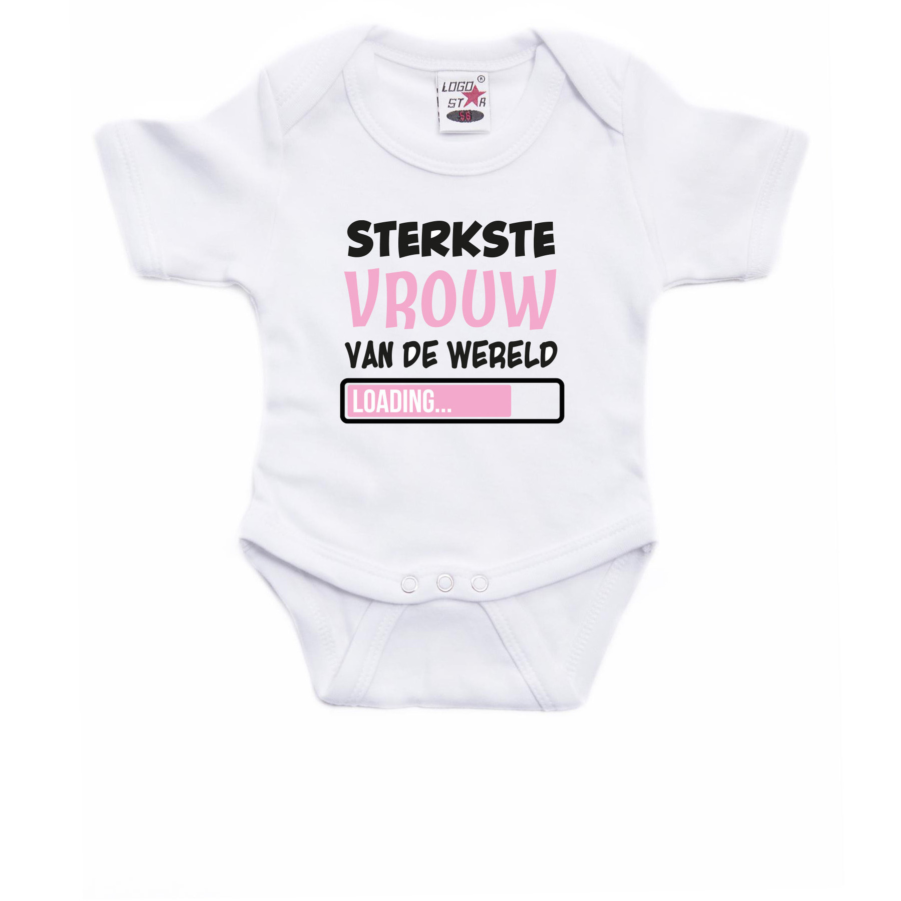 Baby rompertje Sterkste Vrouw wit-roze babyshower-kraamvisite cadeau