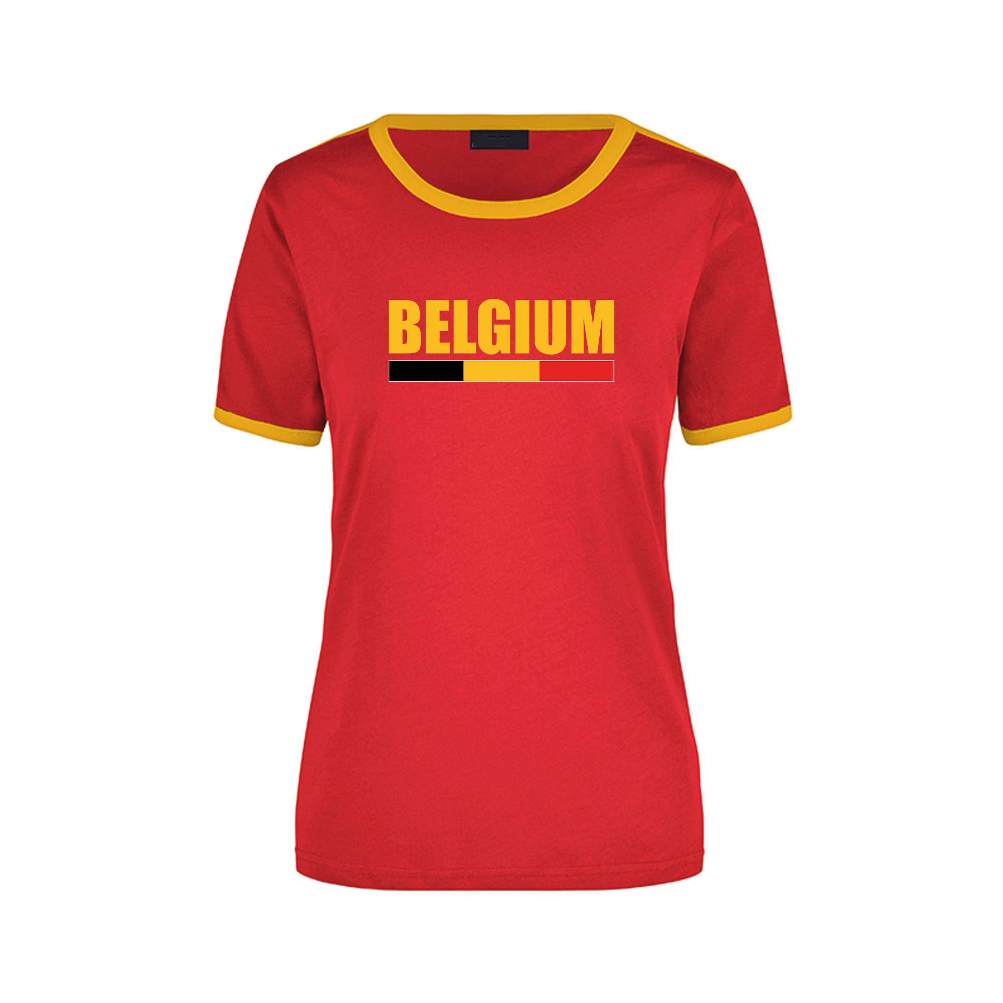 Belgium supporter rood - geel ringer t-shirt Belgie met vlag voor dames